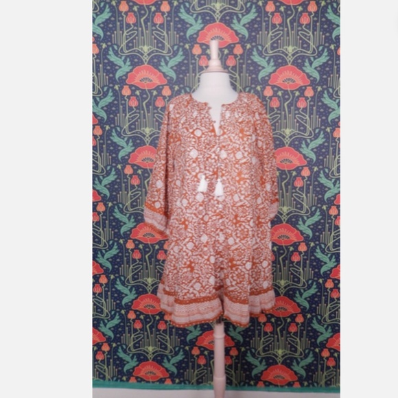 Cleobella Gwen Anila Brown White A-Line Boho Hippie Mini Dress-Missing Sash - Picture 2 of 6